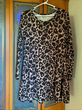 Leopard Print Long Sleeve Swing Tunic- Black and Taupe